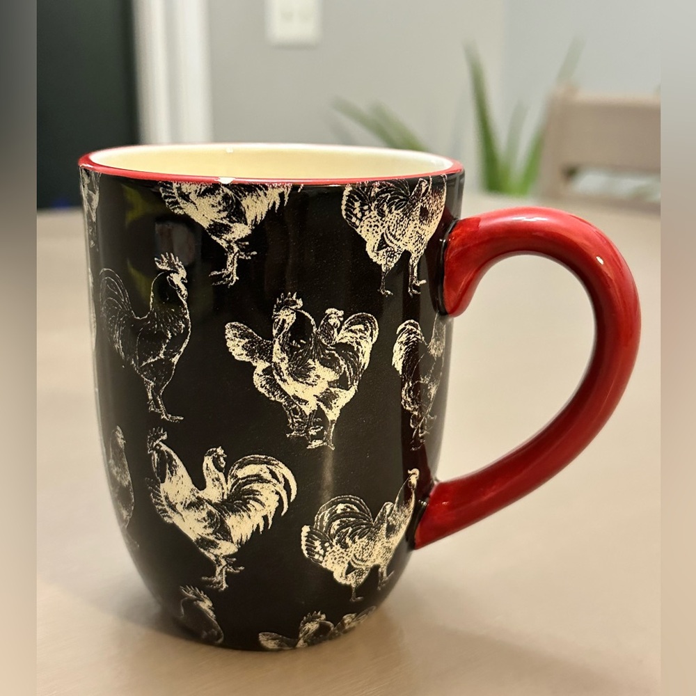 Certified International Tina Higgins Rooster Mug Black Red Trim Toile 16oz